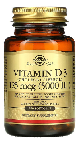 Vitamina D3, Colecalciferol, 5000 Ui, 100 Cápsulas Gelatinos