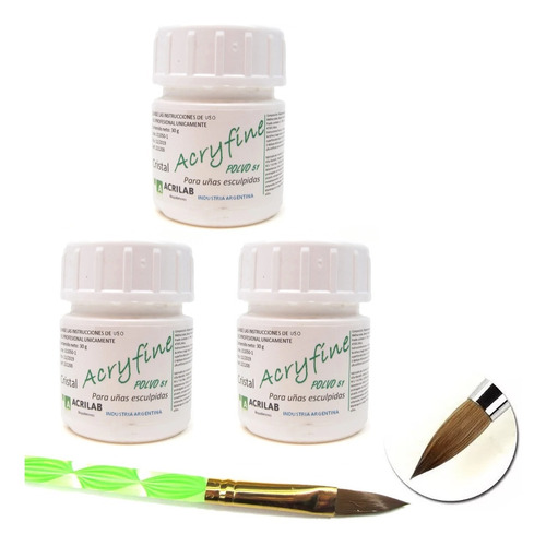 Kit 3 Acrilico Acryfine 30 Gs Polimeros + Pincel Uñas Geles