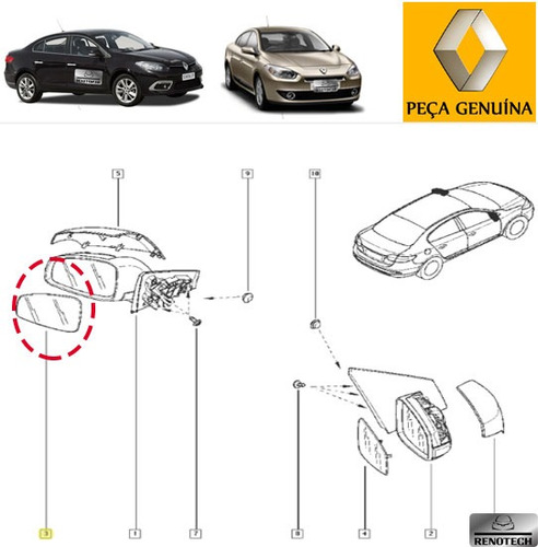 963665742r Lente Do Retrovisor Esquerdo Com Base - Fluence