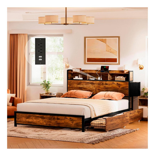 Base Cama Queen Size Con Cajones Y Luces Led Marrón Rústico