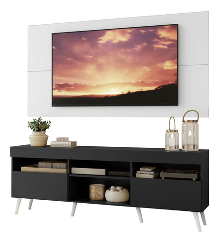 Rack C/ Painel Sup Tv 65 Retrô Londres Multimóveis V3347 Pb Cor Branco/Preto/Branco