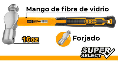 Martillo Bola 16oz Acero Carbono Ingco Mango Fibra De Vidrio