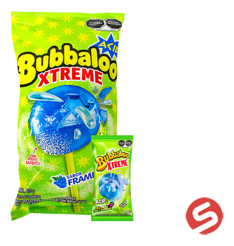 Paleta Bubbaloo Xtreme Acid Frambuesa 20 Pzs De 20.5 Grs