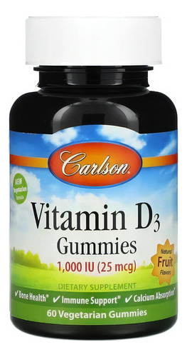 Carlson Labs Vitamina D3, 25 Mcg (1000 Ui), 60 Gomitas Sabor Frutas