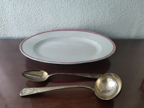 Antigüedad Bandeja De Servicio Limoges Y Cucharones Alpaca (Usado)