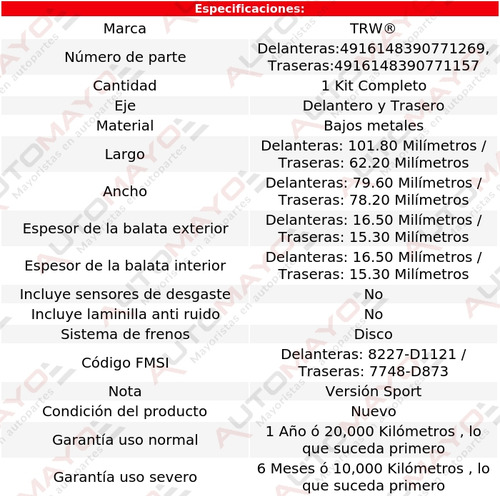 Kit Balatas Bajos Metales Tras Y Del Trw Slk280 2006-2008