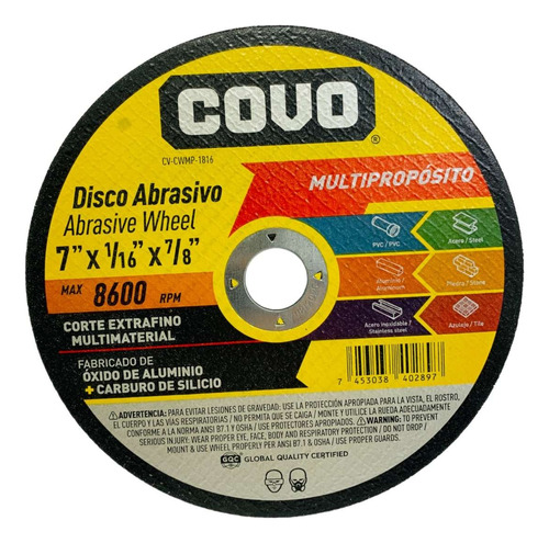 Disco Corte Metal Abrasivo 7 '' X1/16'' Multimaterial / Covo