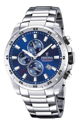 Relógio de pulso Festina Chrono Sport F20463 com corpo prateado,  analógico, para masculino, fundo  azul, com correia de aço inoxidável cor prateado, agulhas cor prateado, branco e vermelho, subdials de cor prateado e branco, subesferas cor azul, ponteiro de minutos/segundos branco, bisel cor prateado e dobrável