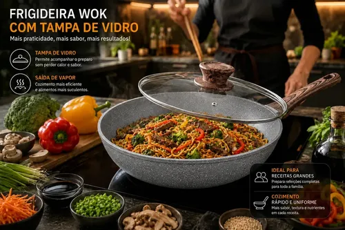 Frigideira Wok Antiaderente Cerâmica 28cm 4L com Tampa de Vidro
