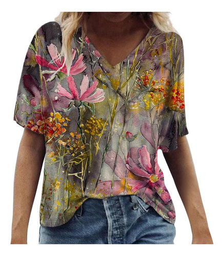 Playera En D Para Mujer, Casual, Talla Grande, Scenic Flower