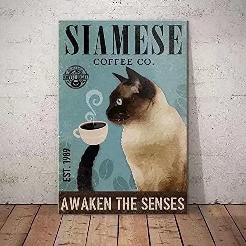 Gato Siamés Retro Letreros De Metal Siamese Coffee Co. Awake