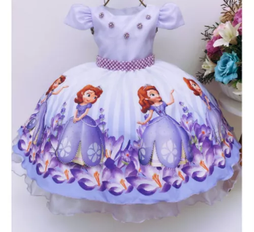 Vestido Infantil Princesa Sofia Lilás Aplique Pérolas Luxo