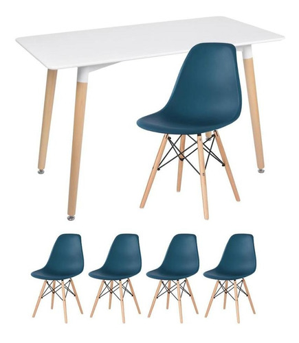 Kit Mesa Jantar Eames Retangular  4 Cadeiras Eiffel Wood Av Cor da tampa Mesa branco com cadeiras azul petróleo