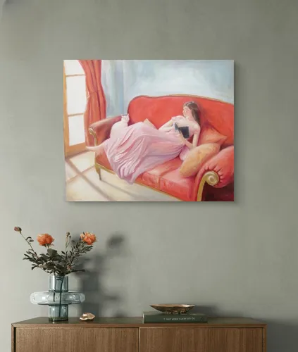 Cuadro Pintura Al Óleo Mujer Leyendo Sobre El Sofá Arte