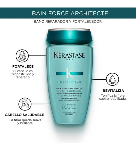Kit tratamiento para cabello dañado y debilitado restauración de la fibra capilar Kérastase force architecte bain 250 Ml y masque 200 Ml