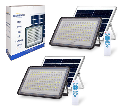 2x Refletor Holofote C/ Bateria 100w Solar Fotocélula 6500k