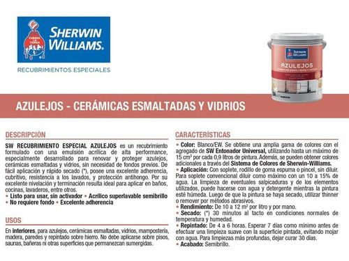 Pinturas Sherwin Williams Rec. Especial Para Azulejos 0,9 Lt