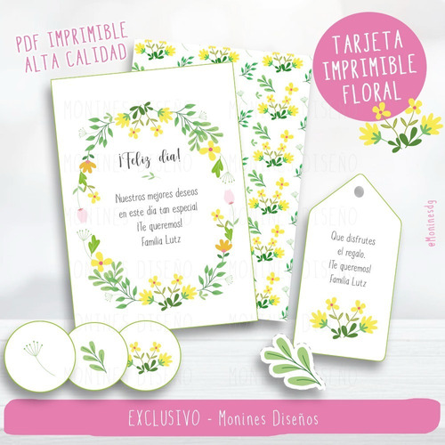 Kit Tarjeta Imprimible + Sobre Y Toppers - Amarillo Floral