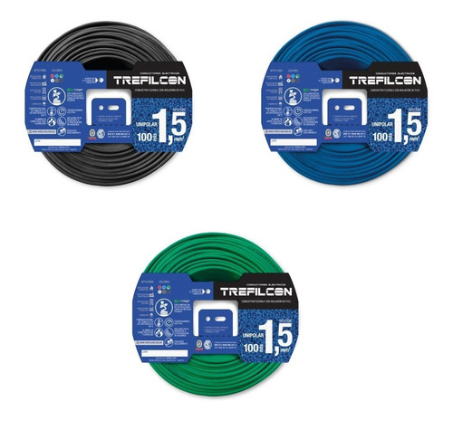 Pack X 3 Rollos Cable Unipolar 1,5mm Azul/verde/negro  X100m