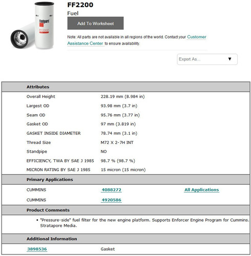 Ff2200 Filtro Gasolina Diesel Ff 2200 P552200 Bf7766