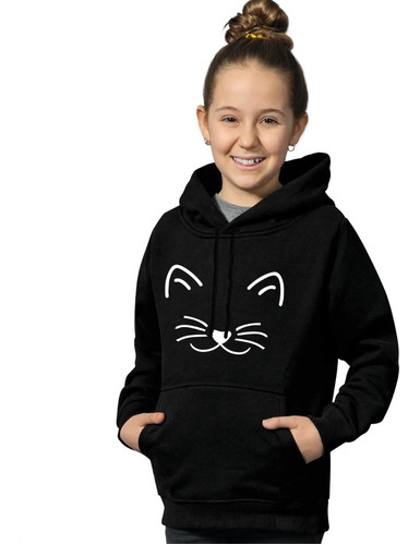 Buzo Negro Canguro Gatos Hombre Mujer Algodón Cardado