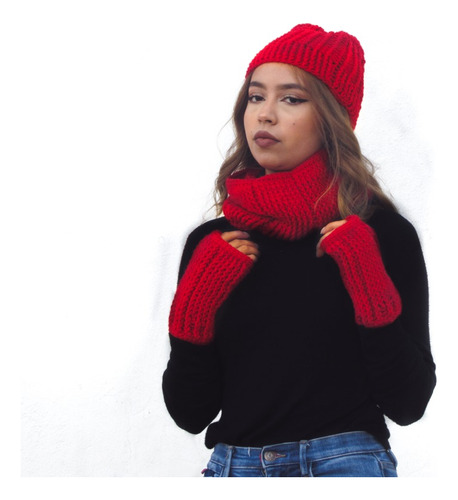 Cuello, Gorro, Guantes Y Bolso De Lana, Rojo