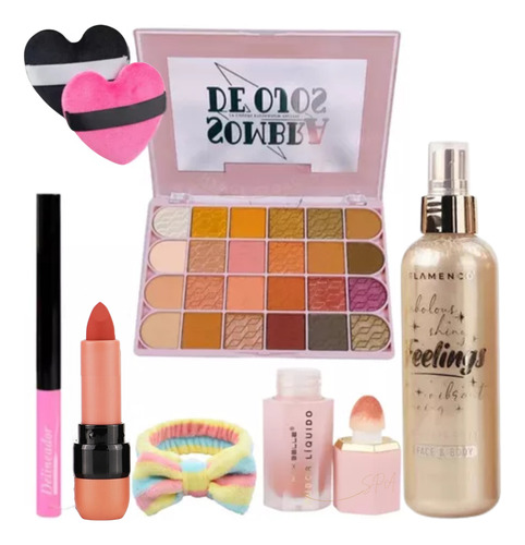 Kit Básico De Maquillaje Sombras, Labial, Glitter Y Rubor