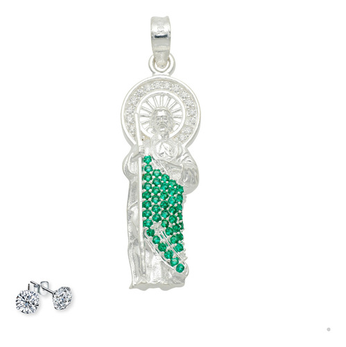 Dije Medalla San Judas Tadeo De Plata Ley 925 Con Zirconias Color Plateado