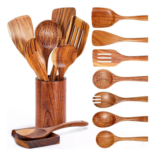 Juego De 9 Cucharas De Madera Con Soporte Para Cocinar
