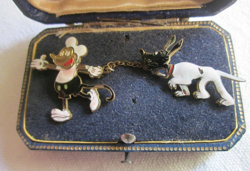 Antiguo Pin Prendedor Esmaltado De Mickey Mouse & Pluto