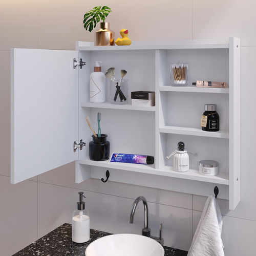 Armário Banheiro Com Espelheira 1 Porta 5 Prateleiras Genova Moldura Branco