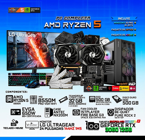 Pc Computadora Completa Amdryzen 5 32gb (4x8gb) Rtx3060 Lg24