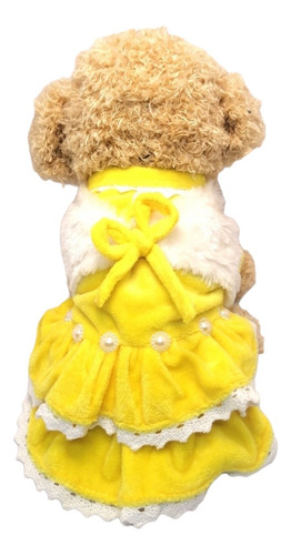 Vestido Perrita Gata Plush Terciopelo Amarillo Piel Y Perlas