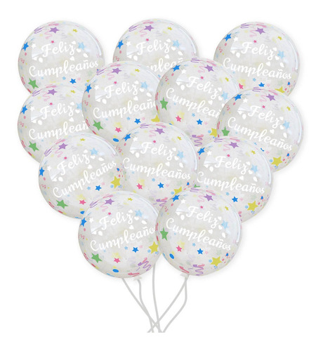 50 Pzas Globo Bobo Tipo Burbuja Diseño Feliz Cumpleaños 40cm