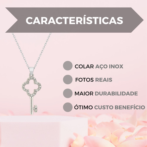 Colar Feminino Pingente Chave Trevo E Brinco Cordão Aço Inox Cor Prateado Caixinha Para Presente Gargantilha 45cm