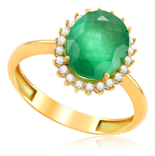 Anel De Ouro Amarelo Com Diamantes E Esmeralda Oval