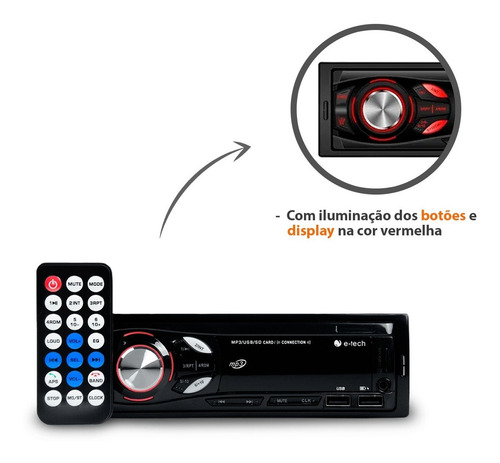 Imagem 4 de 10 de Som Mp3 Player 1din Usb Sd Radio E-tech Fm Bluetooth Carro