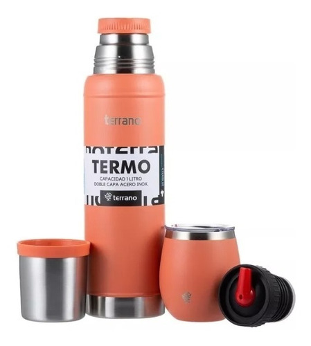 Set Acero 1lt Sin Asa Terrano + Mate Con Tapa + Bombilla