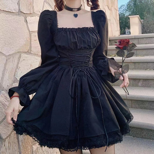 Vestido Negro De Manga Larga Lolita Goth Aesthetic Puff Ed