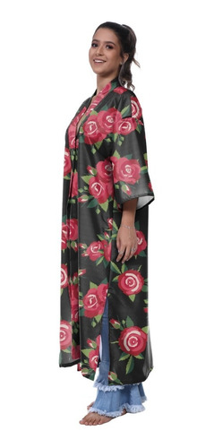 Kimono Haori Longo Floral Sakura Japão Rosas Gold Hype 