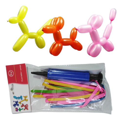 15 Globos Largos Figuras + Bombín + Manual  Globoflexia