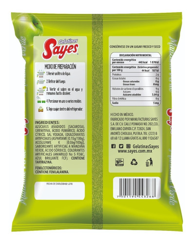 Imagen 3 de 3 de Gelatina En Polvo Sayes De Agua Sabor Manzana Verde 120gr