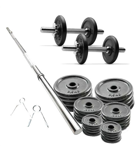 Kit Barra 1.70 Mts Maciza + 2 Mancuernas + 40 Kg En Discos