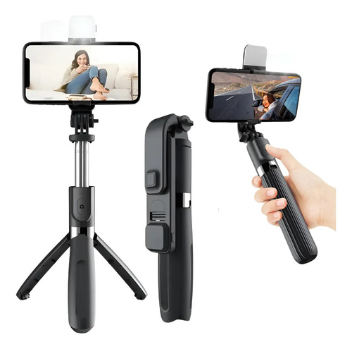 Tripé Celular Bastão Pau De Selfie Bluetooth Mesa Led 3 Em 1 Preto