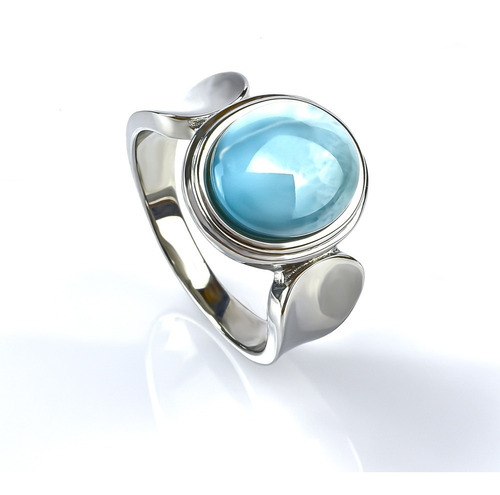 Anillo De Larimar Genuina Cabuchon Corte Ovalado Plata