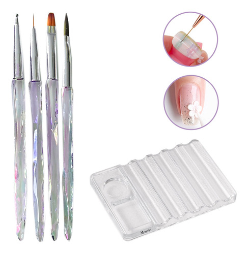 4 Pinceles Puntero Liner Uñas Artes + Base P Sostener Pincel