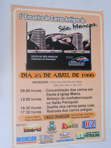 Cartaz 1° Encontro De Carros Antigos De São Marcos 1999
