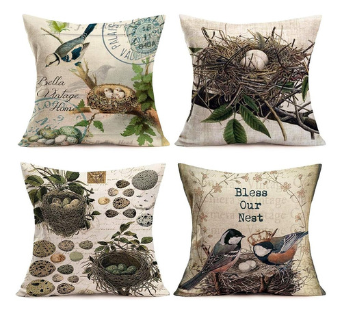 Doitely Vintage Bird's Nest Pillow Covers Cotton Linen 18  X
