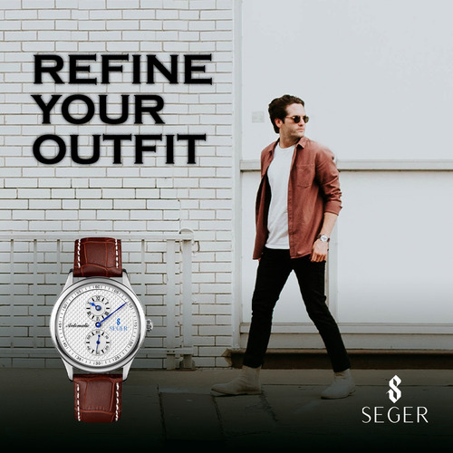 Reloj Hombre Seger 9238 Original Eeuu Cuero Elegante Color De La Malla Marrón Color Del Bisel Plateado
