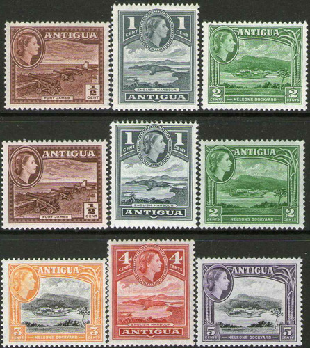 Antigua 9 Sellos Mint Paisajes = Cañones = Puerto = 1954-63